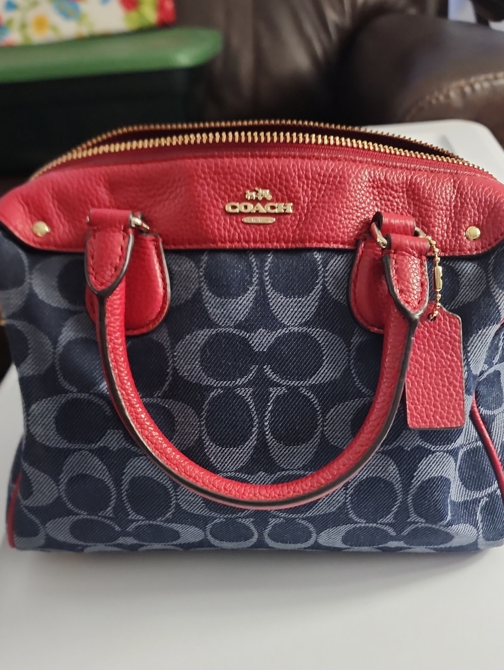 COACH Navy Signature Canvas Satchel with Red Leather Trim